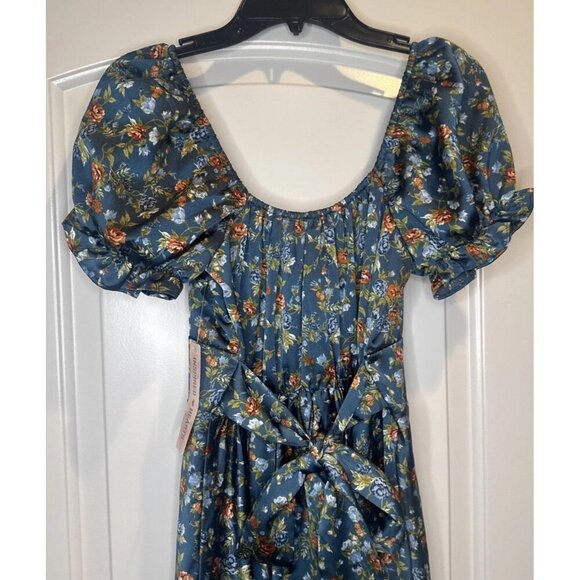 Inspired Hearts Colorful Floral Satin Milk Maid Peasant Midi Dress Sz S NEW - Picture 5 of 11
